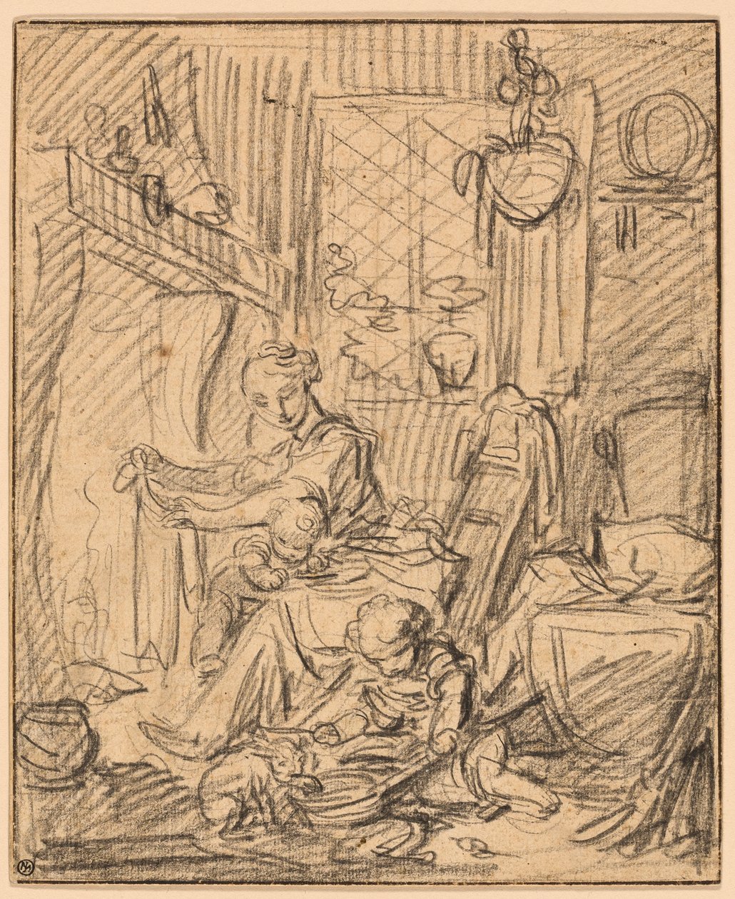 Inhemsk scen: Mamma med två små barn före en mantel av François Boucher