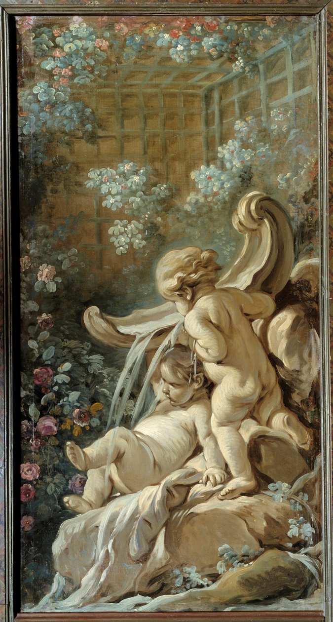 Dörrpanel i vardagsrummet Demarteau: fontän med två kärlekar, varav en ligger. Målning av Francois Boucher (1703-1770) av François Boucher