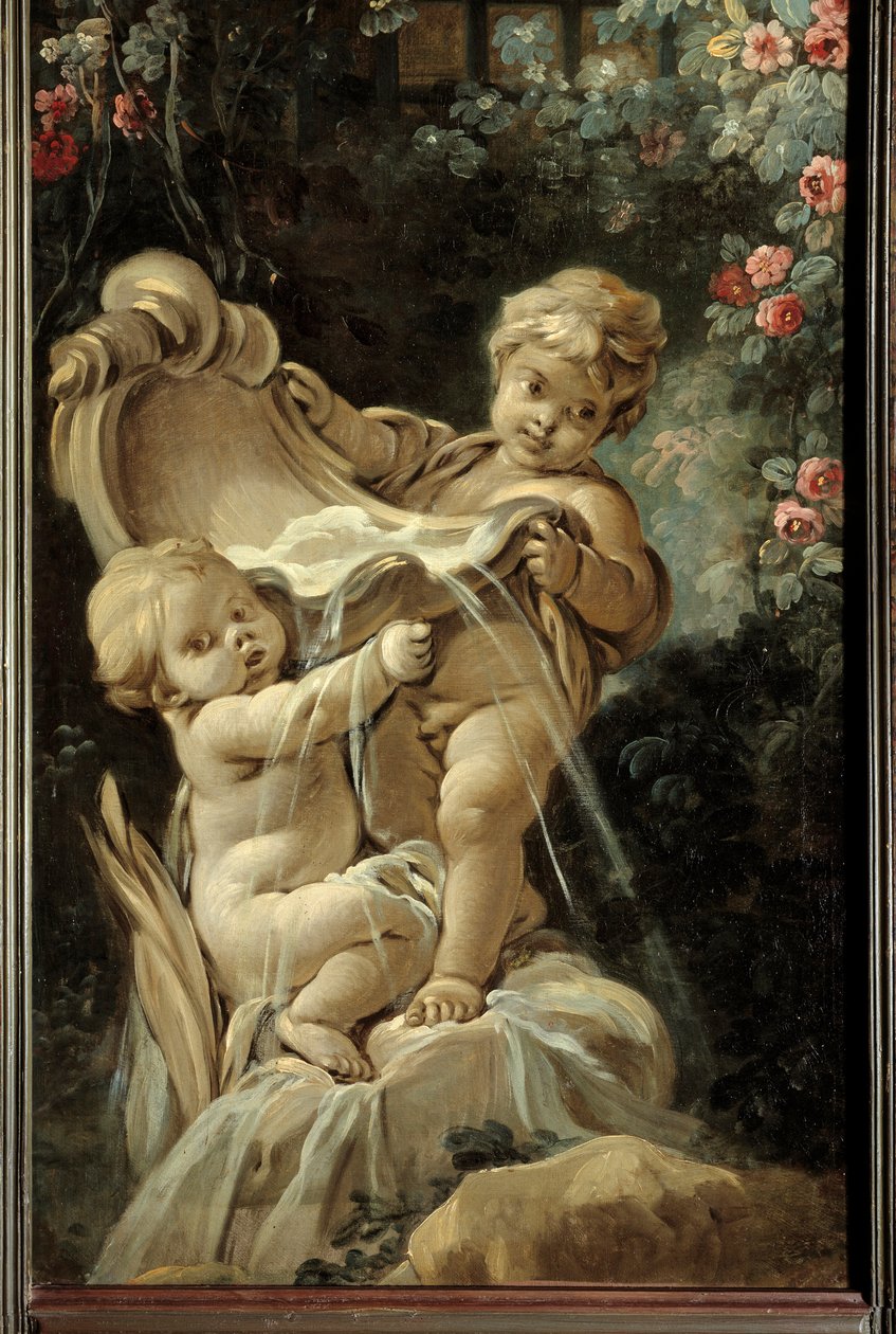 Dörrpanel i vardagsrummet Demarteau: fontän med två kärlekar, varav en ligger på knä. Målning av Francois Boucher (1703-1770) av François Boucher
