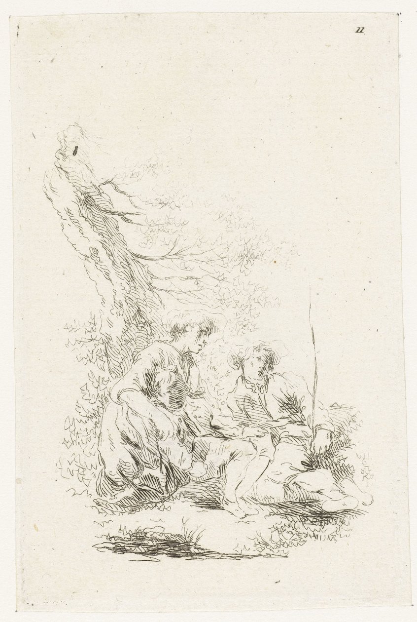 Tre personer som sitter vid ett träd av François Boucher
