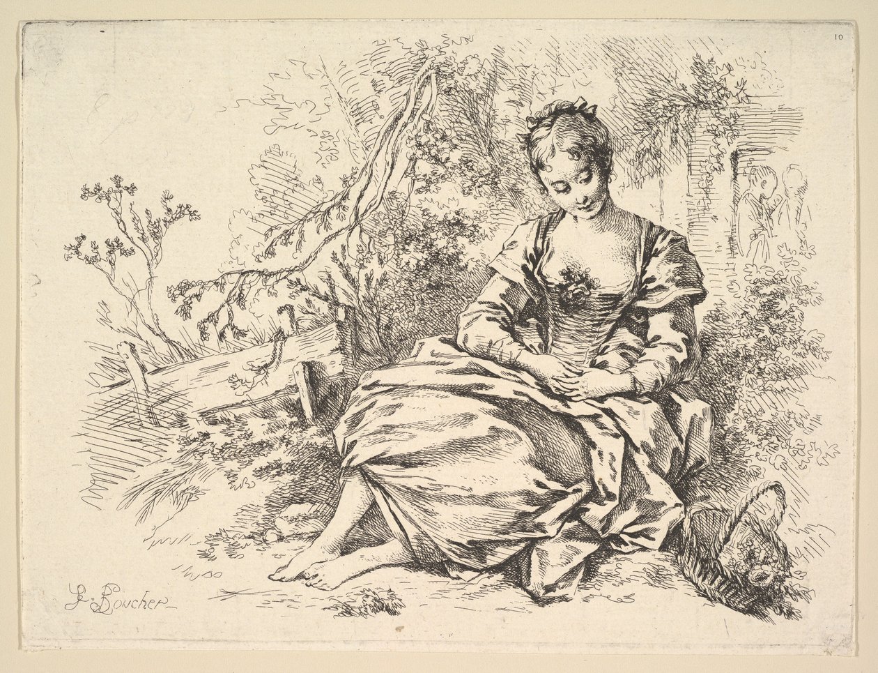 Flicka i ett landskap med en korg full av blommor av François Boucher