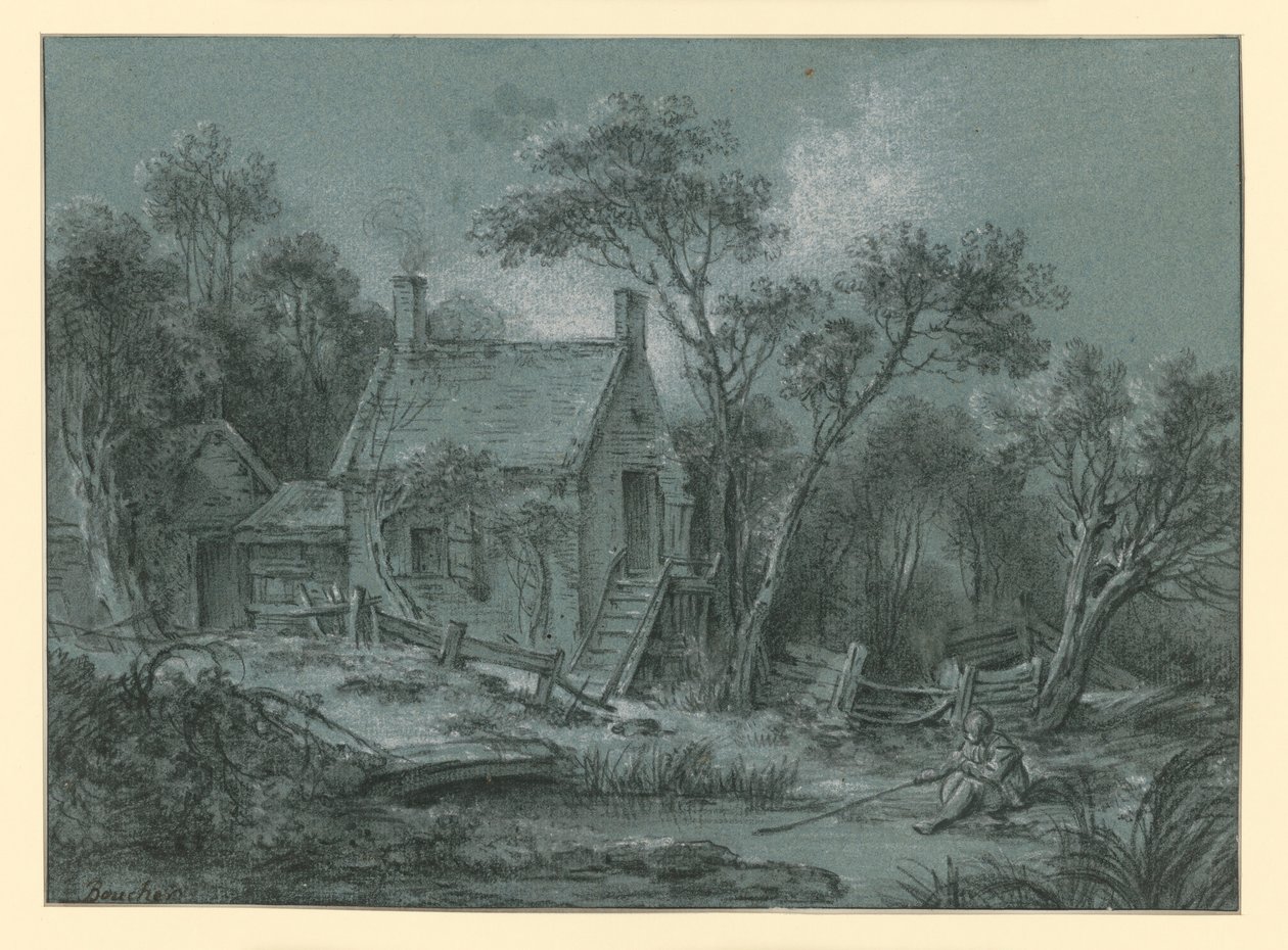 Ett hus med en trappa mellan träden, med en fiskare framför av François Boucher