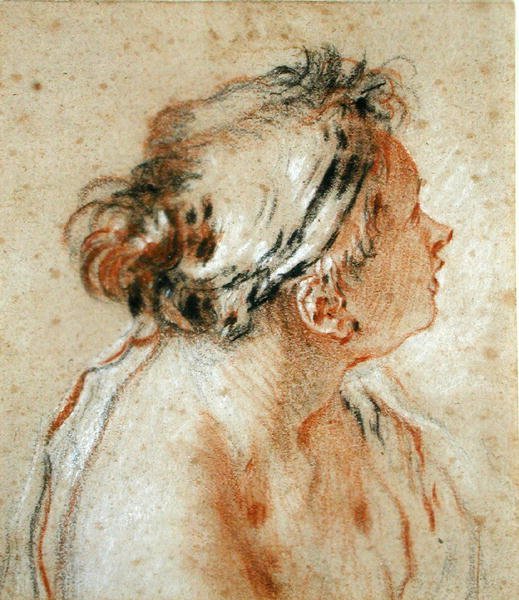 Huvud av en nymf (svart, vit och röd krita på ljusbrunt papper) av François Boucher