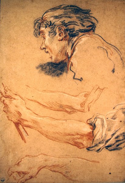 Chef för en herdepojke och studier av hans hand och arm (svarta, röda och vita krita på papper) av François Boucher