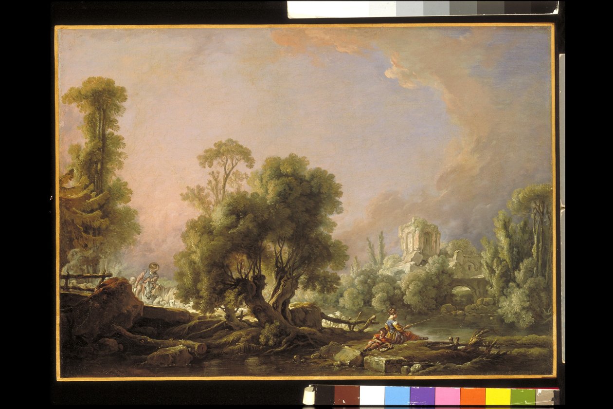 Idylliskt landskap med kvinna som fiskar (olja på duk) av François Boucher