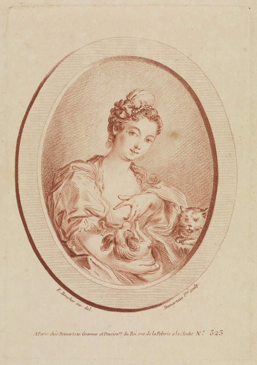 Ung kvinna med en knähund och en kattunge av François Boucher