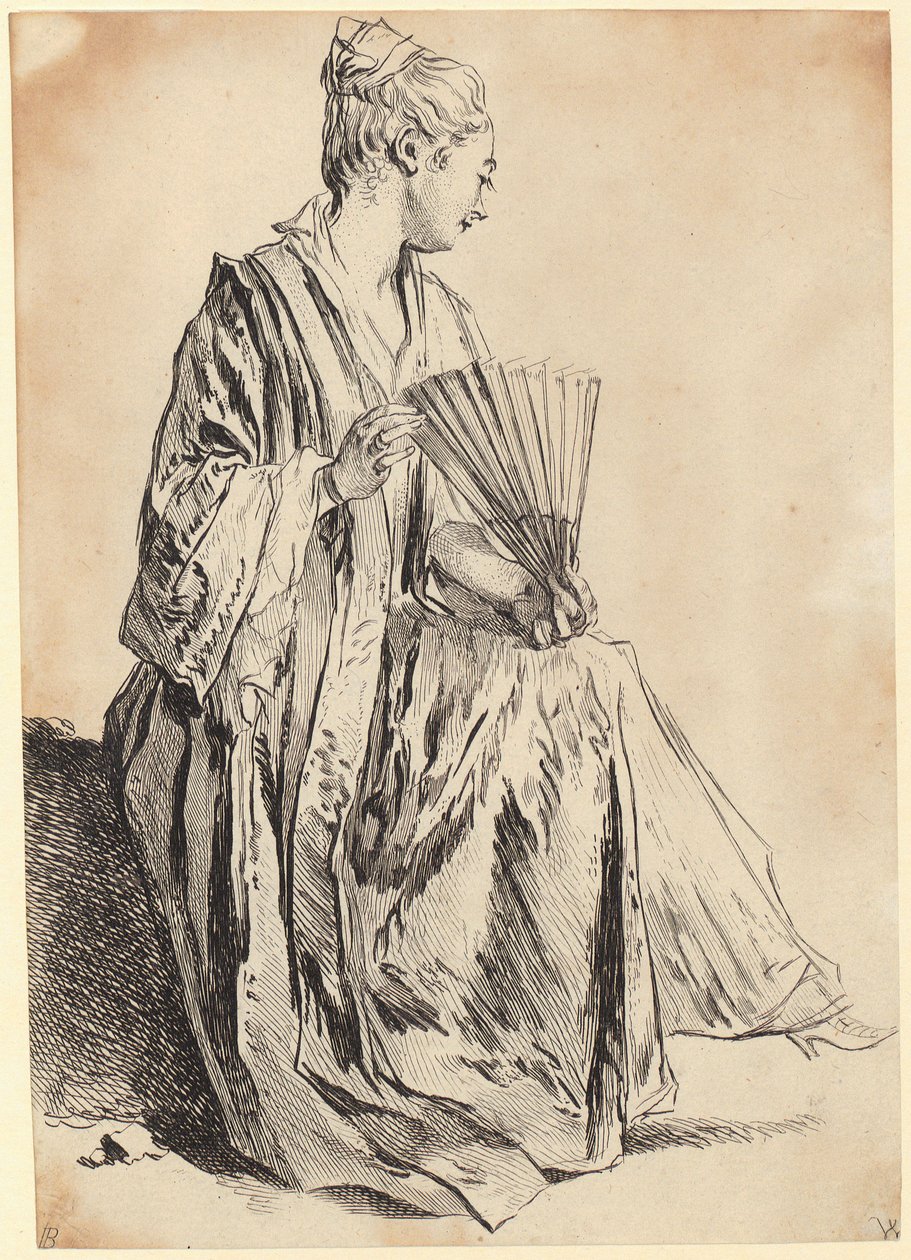 Ung kvinna som sitter och leker med en solfjäder av François Boucher