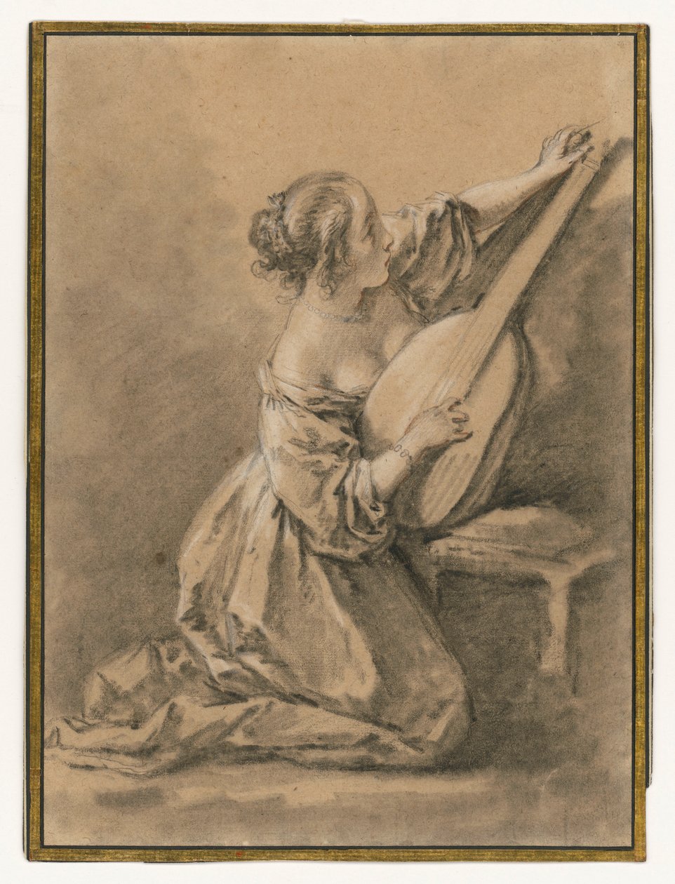 En ung kvinna som sitter på knä och stämmer en luta av François Boucher