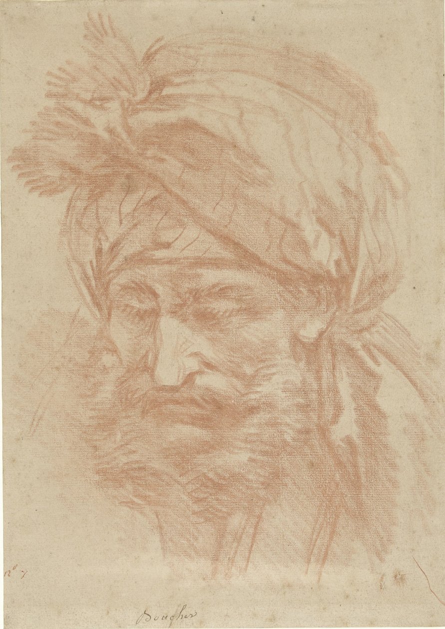Huvud av en skäggig oriental med turban, sett framifrån, blickande nedåt av François Boucher