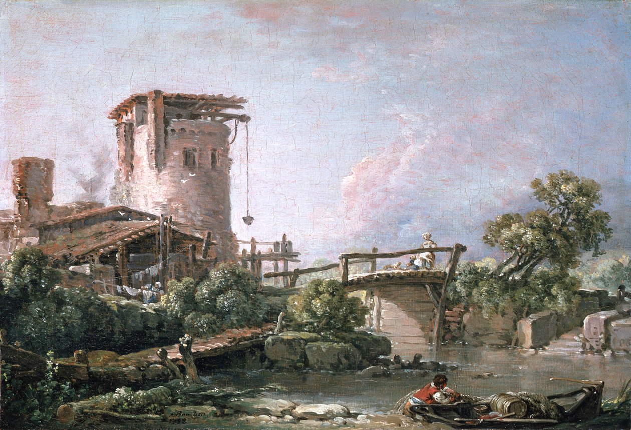 Landskap med torn och bro av François Boucher