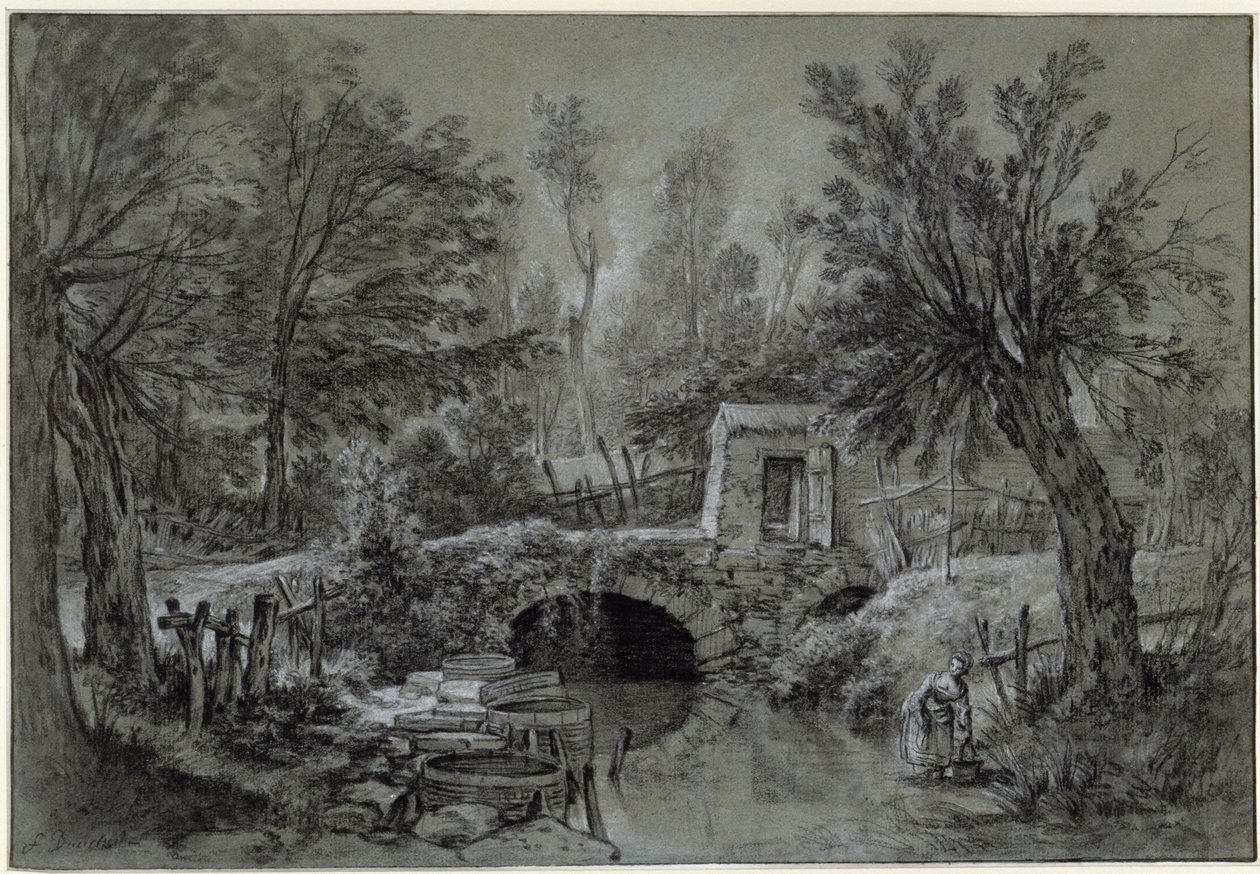 Landskap med bäck och bro av François Boucher