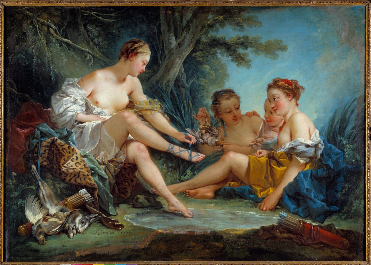 Le retour de la chasse de Diane Målning av Francois Boucher (1703-1770) 1745 Sön. 0,94x1,31 m Paris. Musee Cognacq Jay - Återkomsten av jakt på Diane. Målning av Francois Boucher (1703-1770) 1745. 0,94 x 1,31 m. Cognacq Jay-museet, Paris av François Boucher