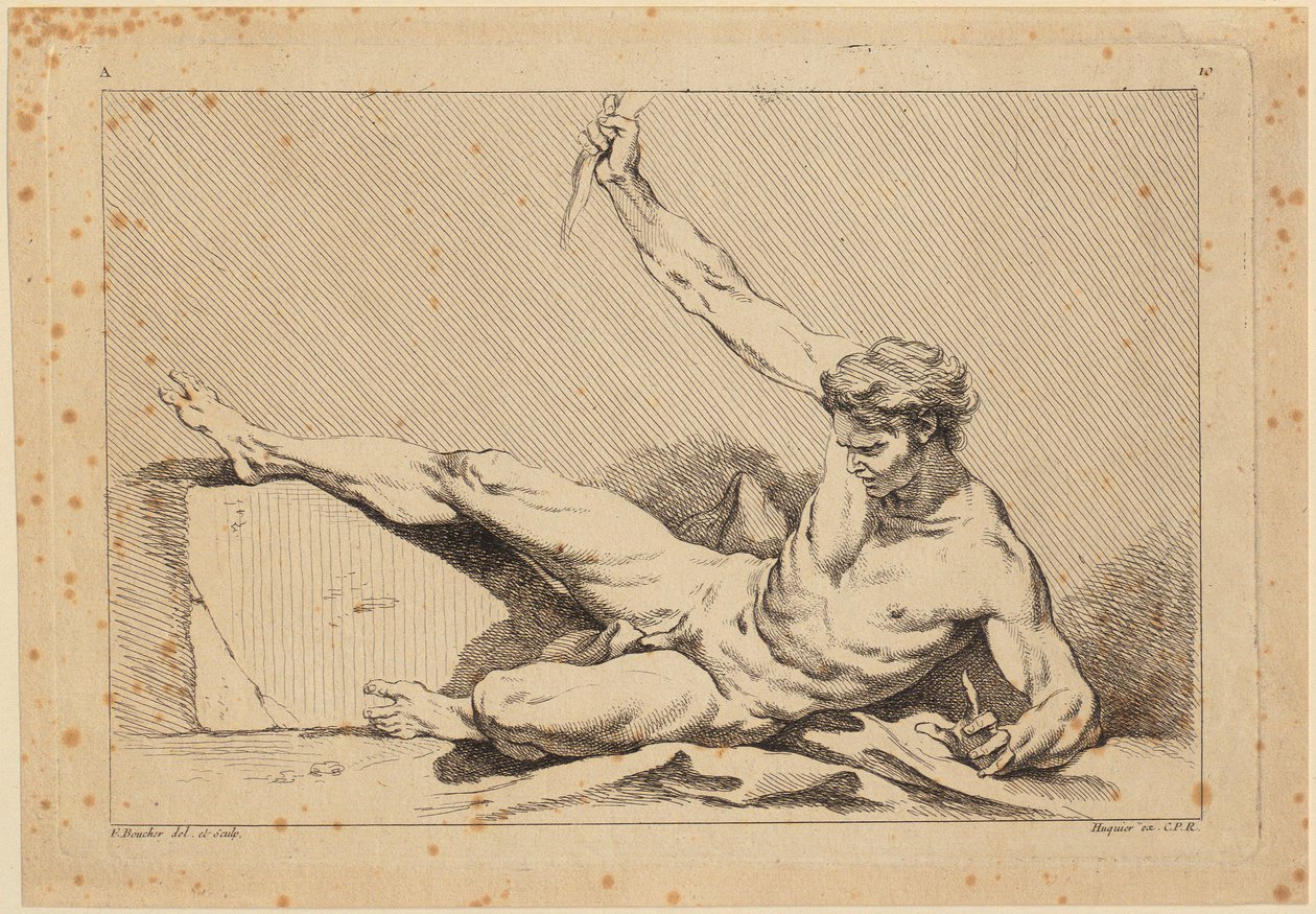 Liggande manlig akt, blad 10 ur ”Second livre de figures d’Académies [...]”, delvis graverad av lärarna vid den kungliga akademin” av François Boucher