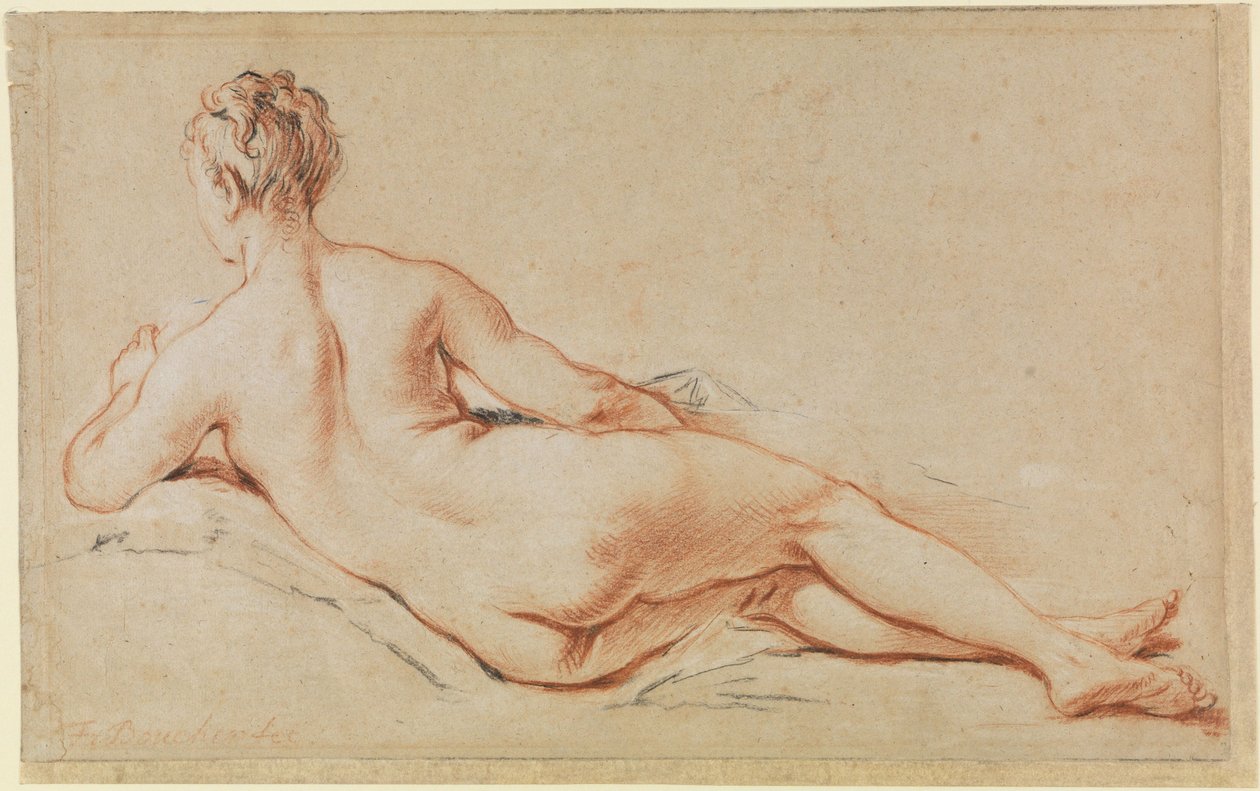 Liggande kvinnlig akt, stödd på vänster arm, sett bakifrån av François Boucher