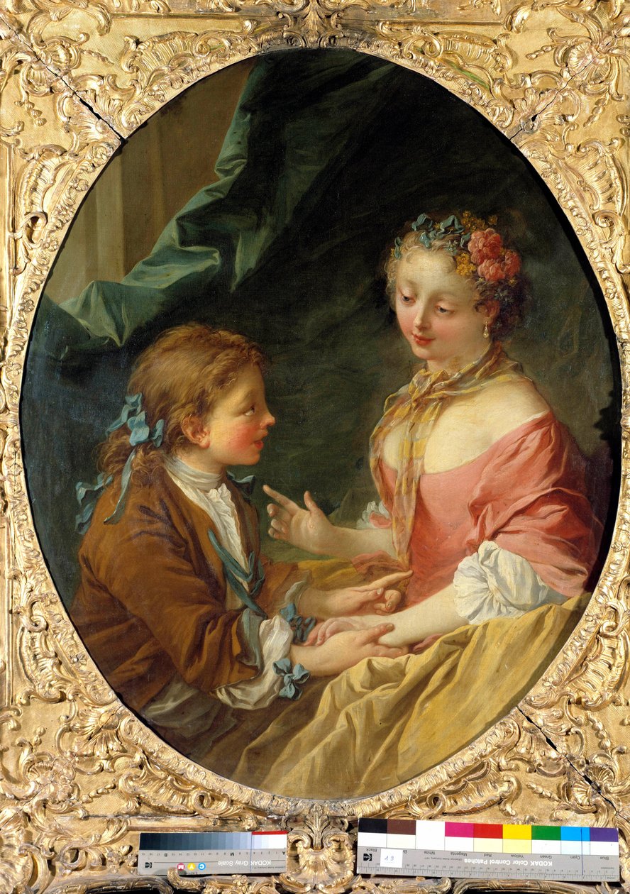 Kommer du att göra en av tre saker? Galant scen. Målning av Francois Boucher (1703-1770). 1734 Privat samling av François Boucher