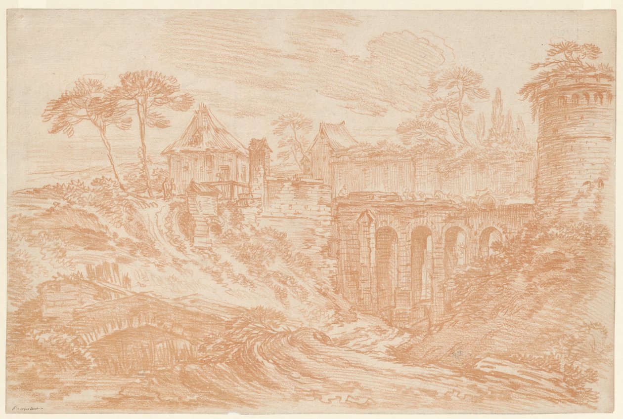 Landskap med torn och bro av François Boucher
