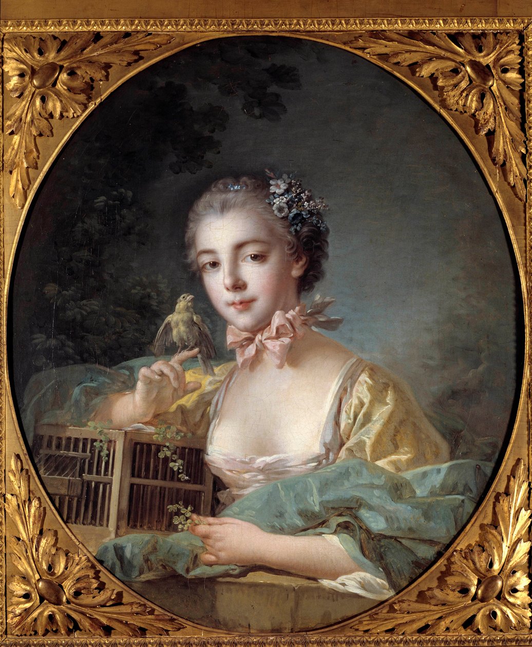 Porträtt av Madame Baudoin, dotter till målaren Flickan poserar med sin kanariefågel. Målning av Francois Boucher (1703-1770) 1700-talets Paris. Musee Cognacq Jay av François Boucher