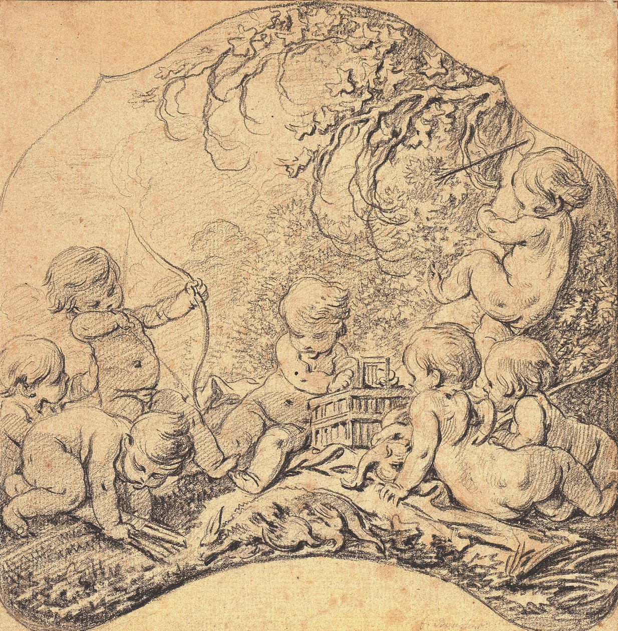 Putti i ett landskap skjuter pilar och öppnar en bur, en jakttrofé i förgrunden (svart krita på papper) av François Boucher