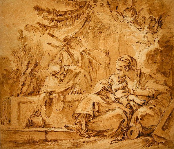 Vila på flyget till Egypten (penna & brunt bläck med rosa och bruna tvättar på papper) av François Boucher