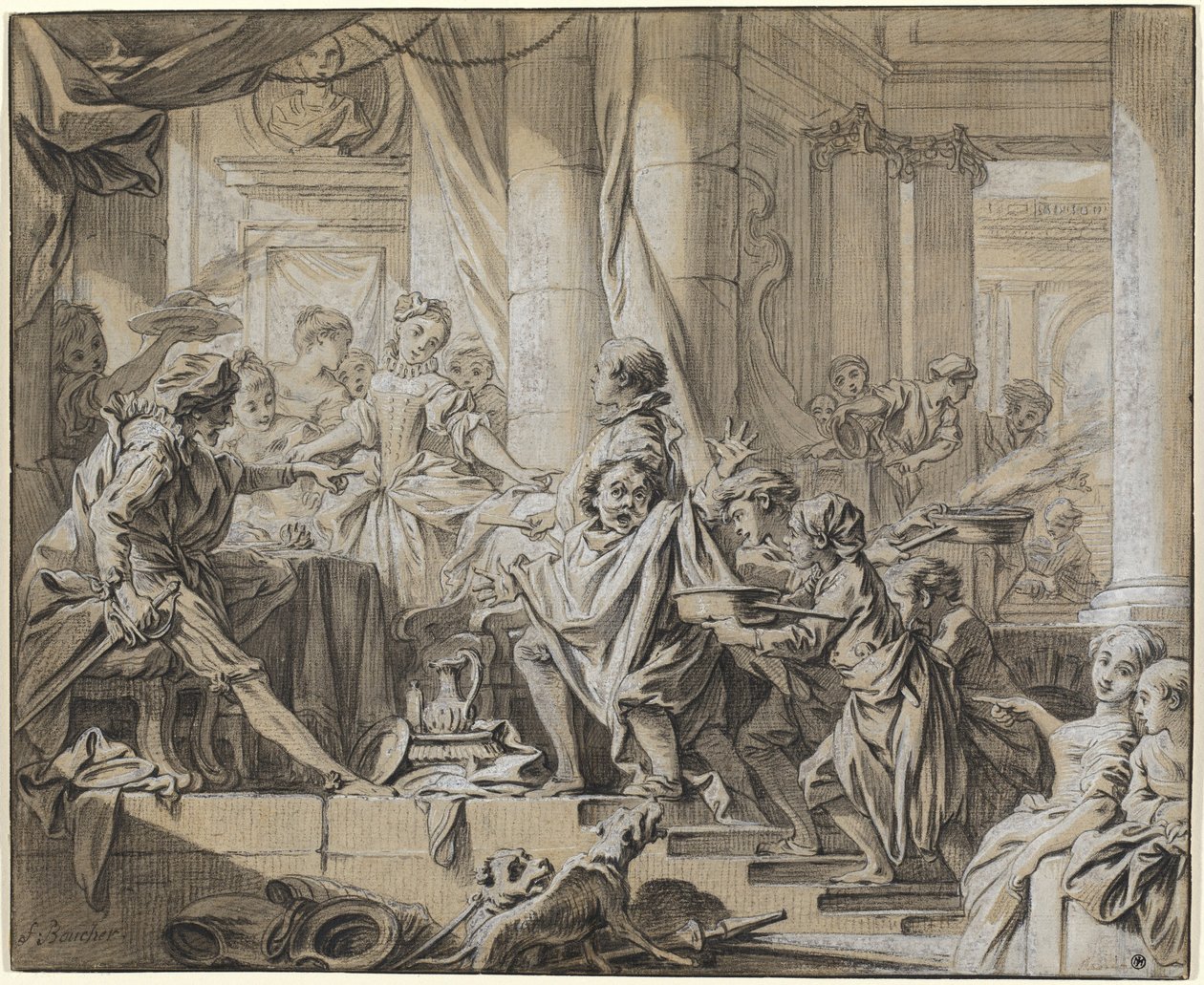 Sancho flyr från hertigens tjänare av François Boucher