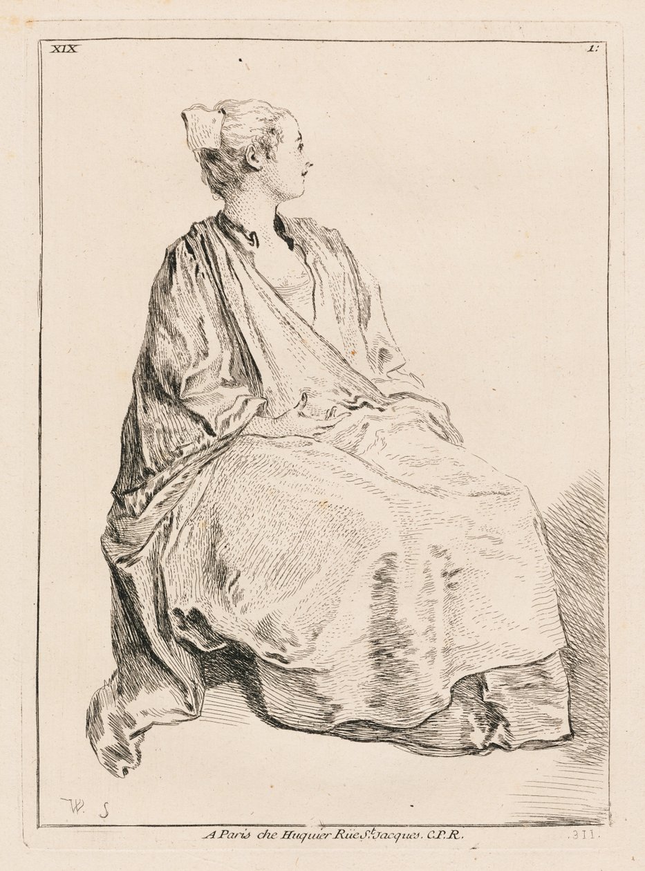 Sittande kvinna vänd åt höger av François Boucher