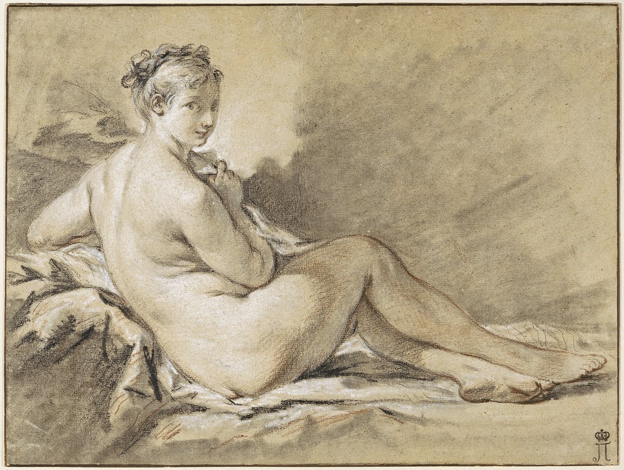 Studie av en kvinnlig naken - Francois Boucher (1703-1770). Sanguine, svartvit krita på papper av François Boucher