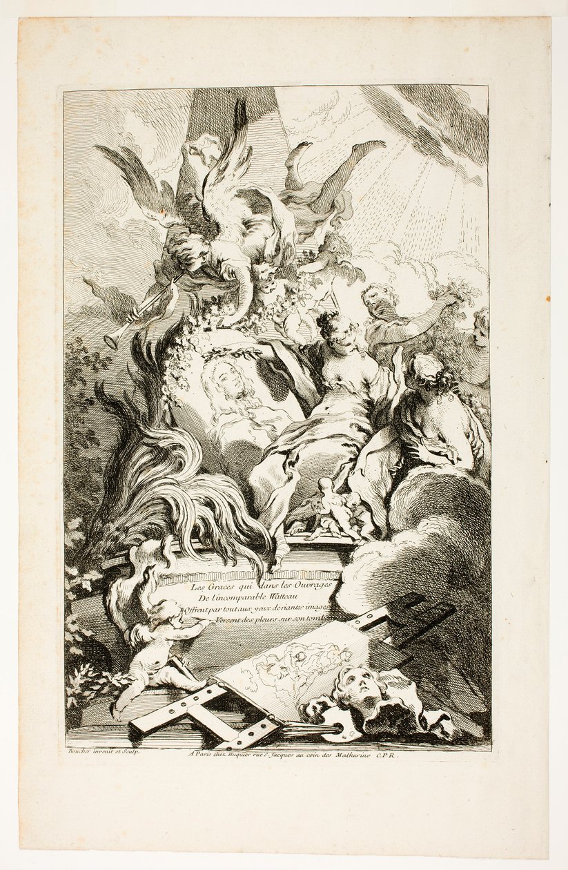 Gracerna på Watteaus grav av François Boucher