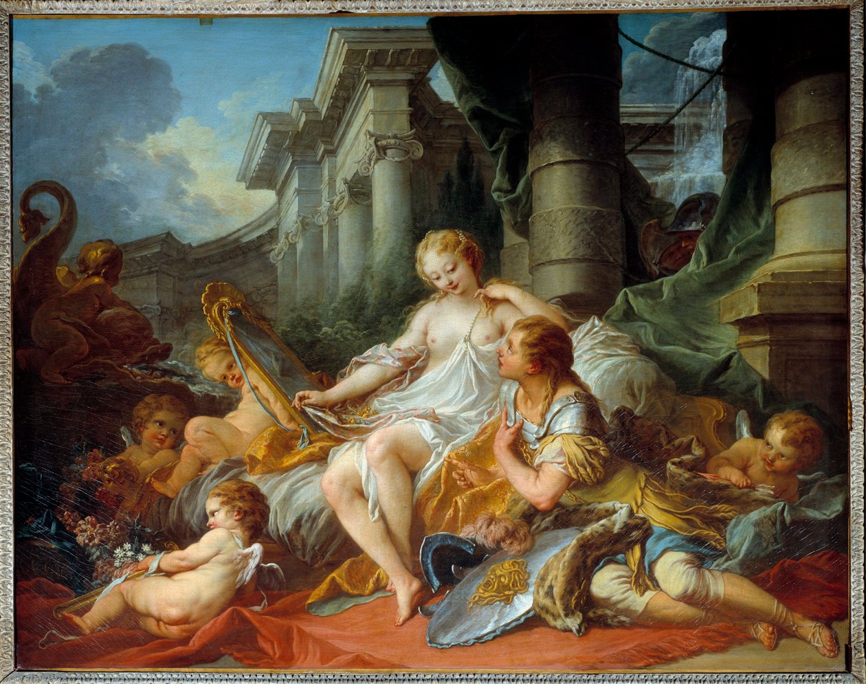 Kärleken till Renaud och Armide Illustration av en scen av "La Jerusalem delivree" (La gerusalemme liberata) av Torquato Tasso (känd som Muggen). Den förtrollande Armide omgiven av mycket symboliska Amours seduit med hjälp av sin magiska spegel riddaren Re av François Boucher