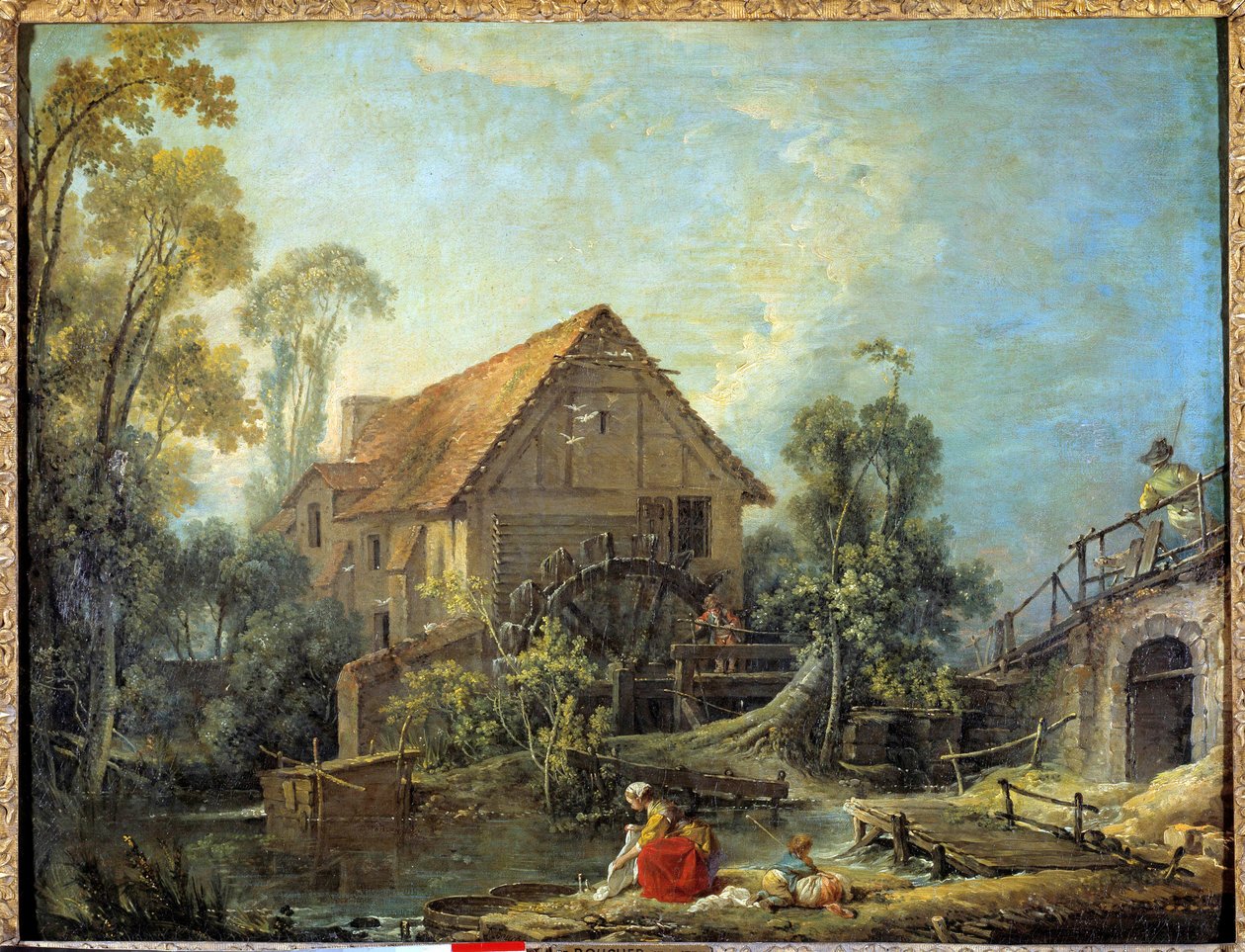 Kvarnen En kvinna tvättar tvätten i bäcken nära en vattenkvarn. Målning av Francois Boucher (1703-1770) 1751 sön. 0,66 x 0,84 m. - Kvarnen. En kvinna som tvättar kläder i bäcken nära en vattenkvarn. Målning av Francois Boucher (1703-1770) 1751. 0,66 av François Boucher