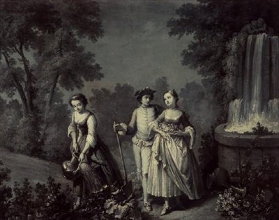Två flickor och en ungdom som arbetar i trädgården nära en fontän (mellan penna och tvätt) av François Boucher