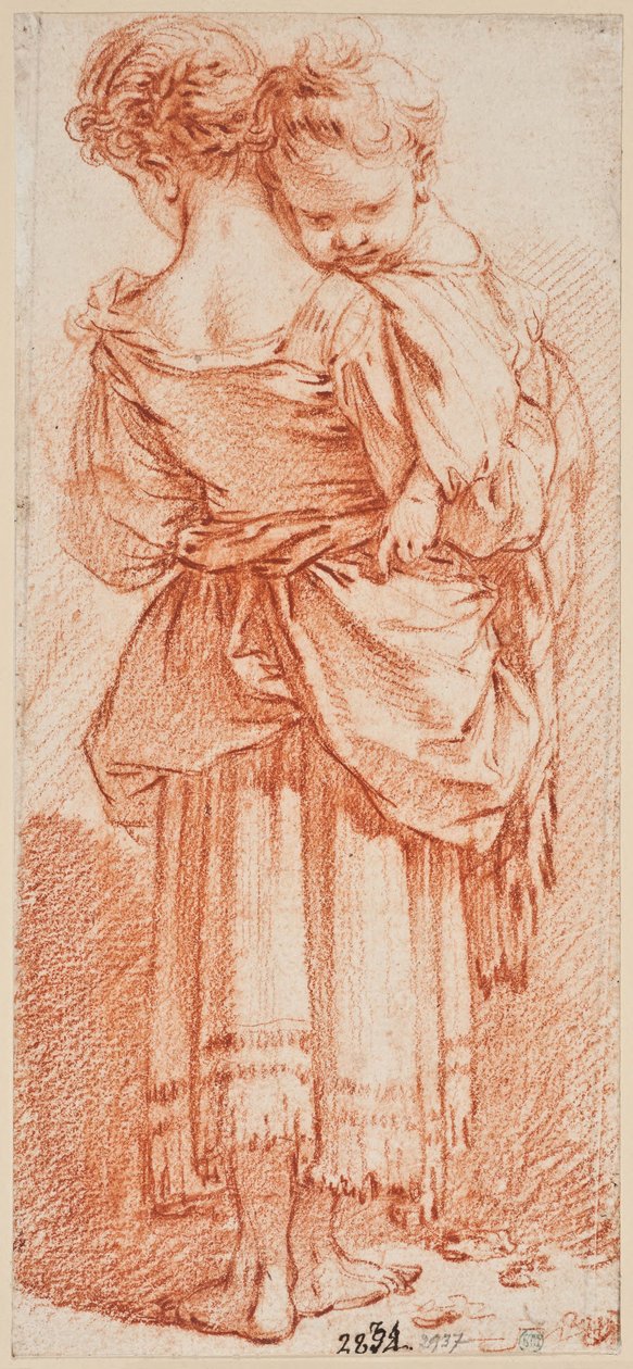 Ung kvinna med barn på armen, sedd bakifrån av François Boucher