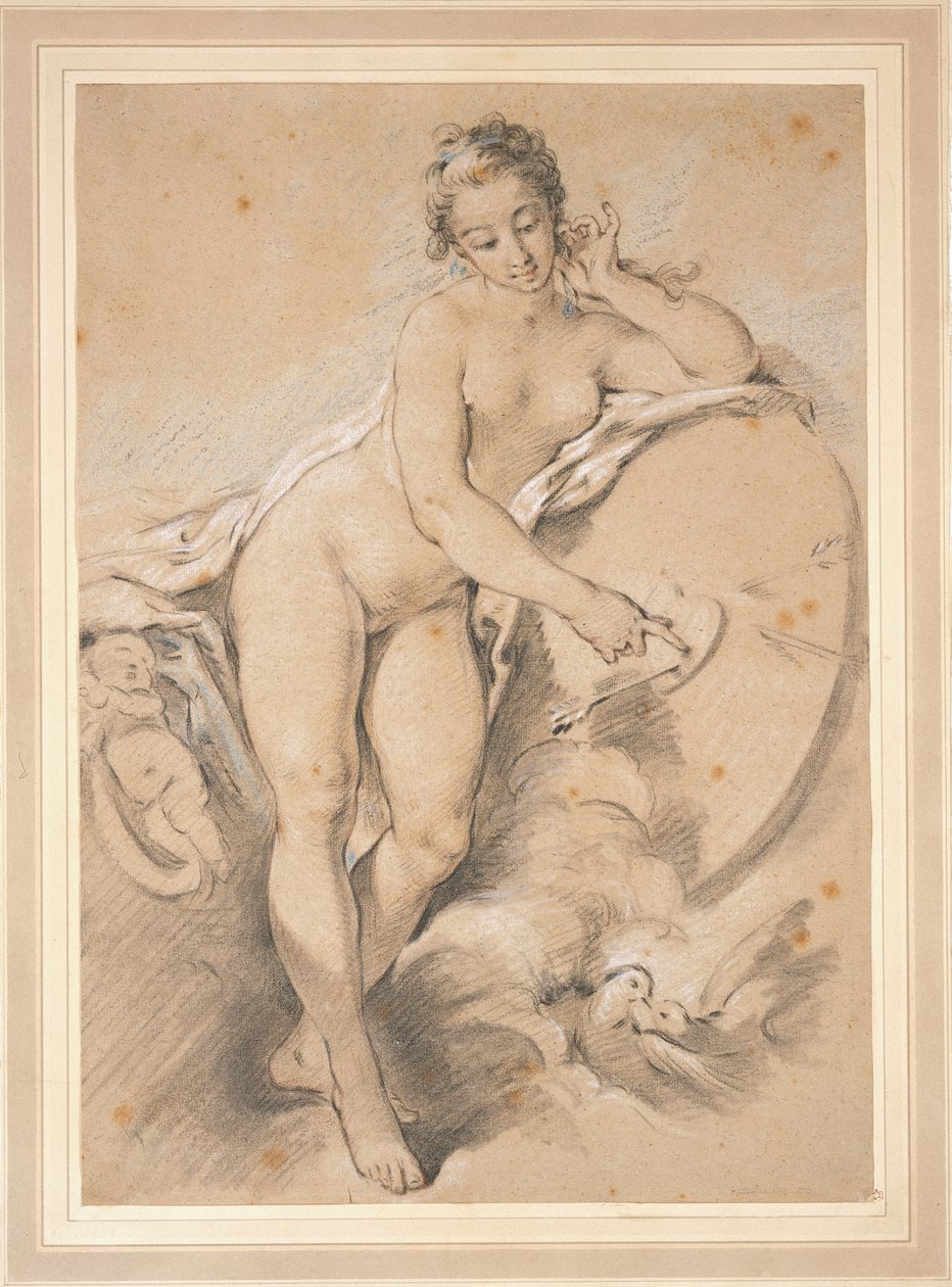 Venus står och pekar mot ett hjärta på en måltavla med två duvor av François Boucher