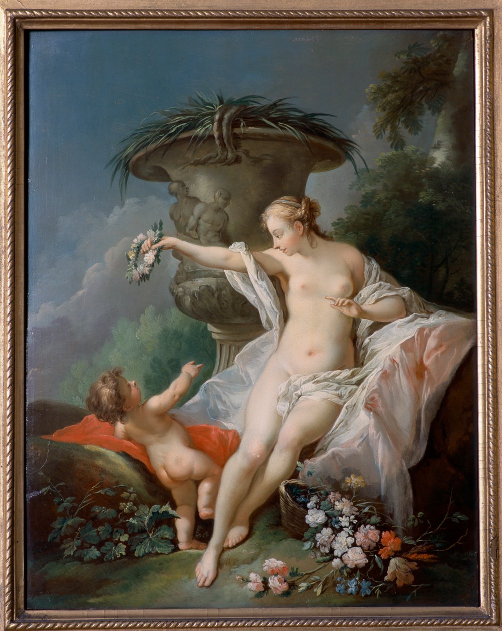 Venus och Amor (olja på duk) av François Boucher