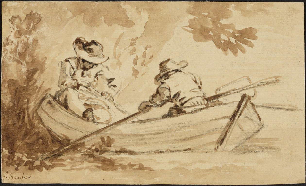 Två män i en roddbåt av François Boucher