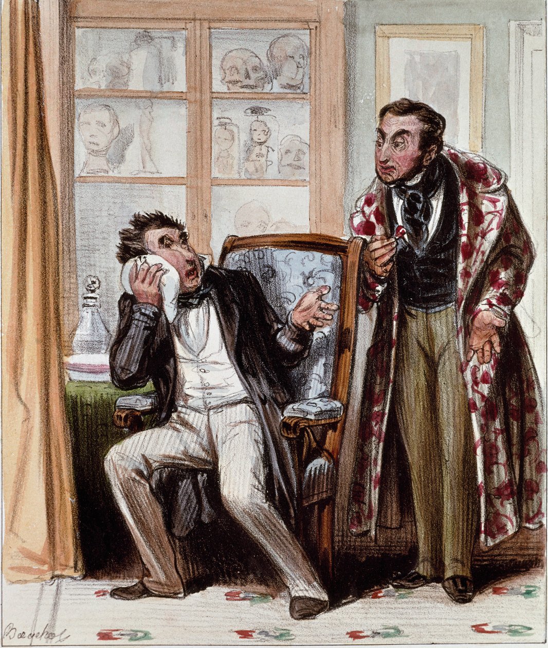 Tandläkare. Tecknad film av en patient med ilska av tänder kom för att konsultera en tandläkare. Gravyr av Bouchot, cirka 1830. Paris, Musee Carnavalet. av Francois Bouchot