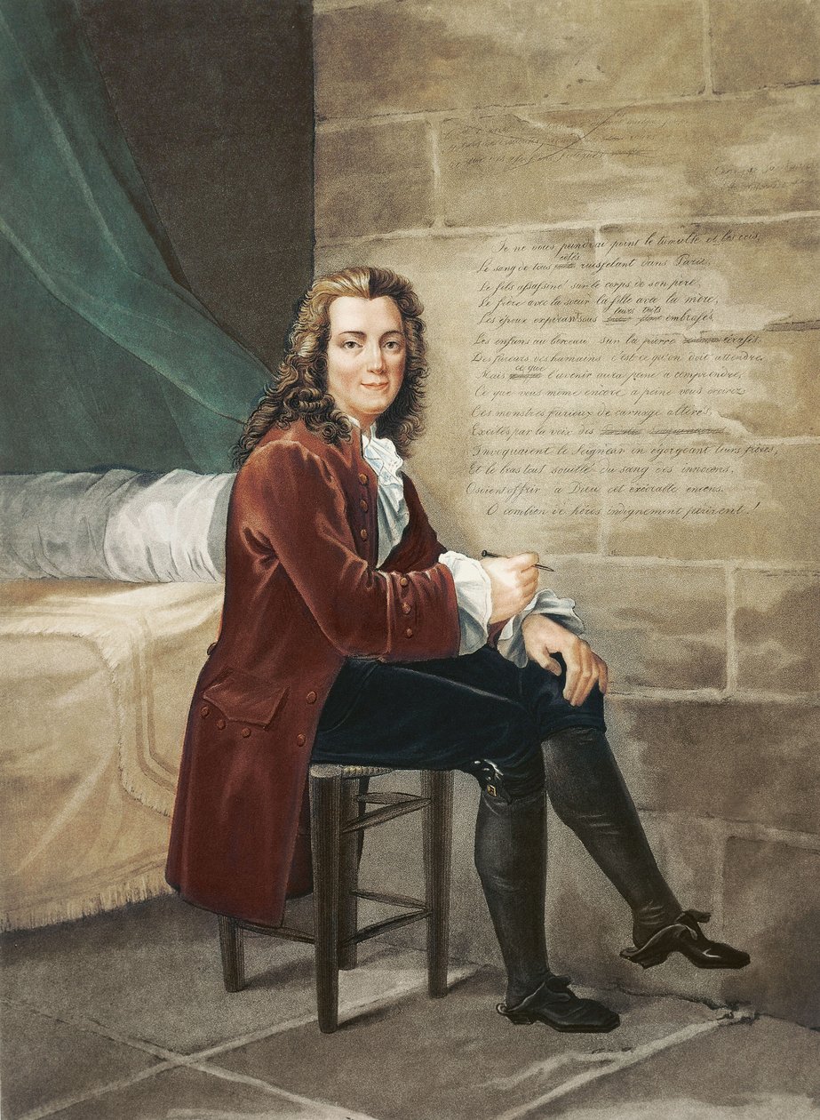 Voltaire fängslad i Bastiljen och skrev La Henriade 1728 av Francois Bouchot
