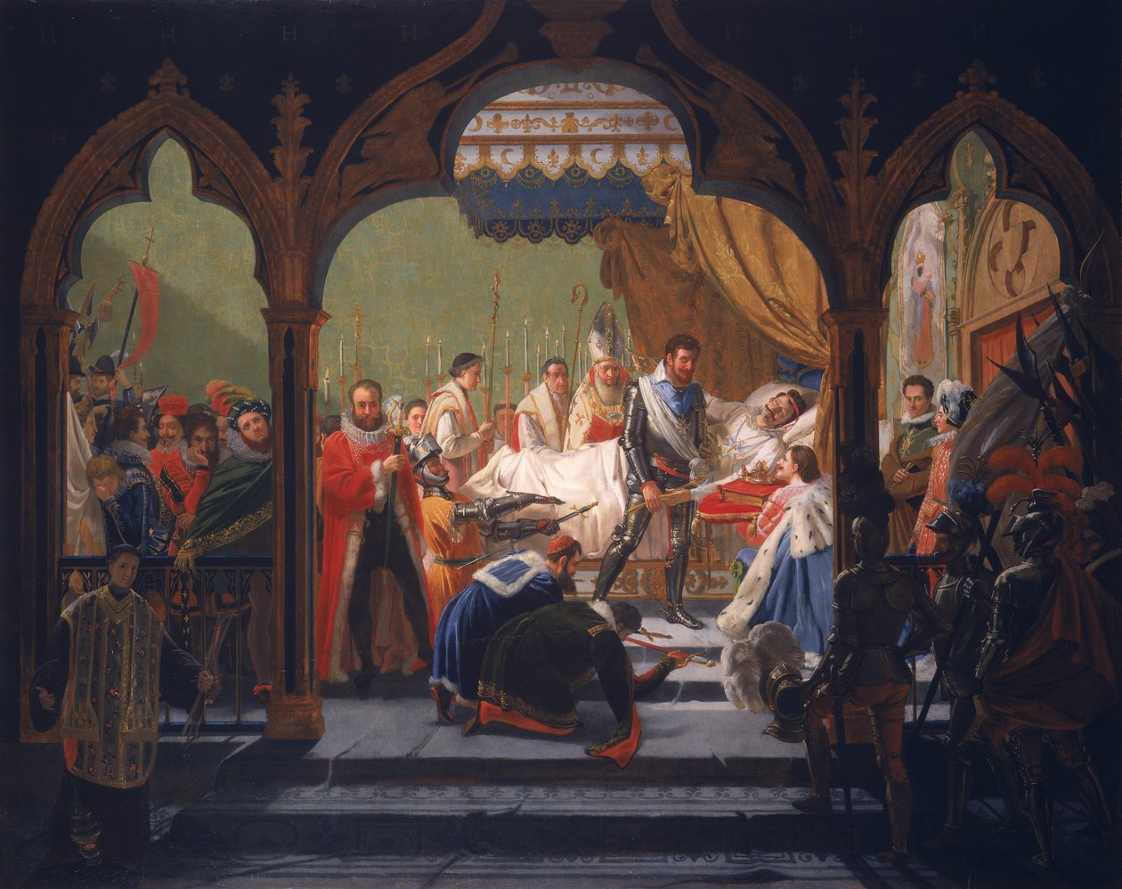 Henri IV (1553-1610) Tar emot monarkins attribut från den döende Henri III (1551-1589) 1814 av Francois Buffet