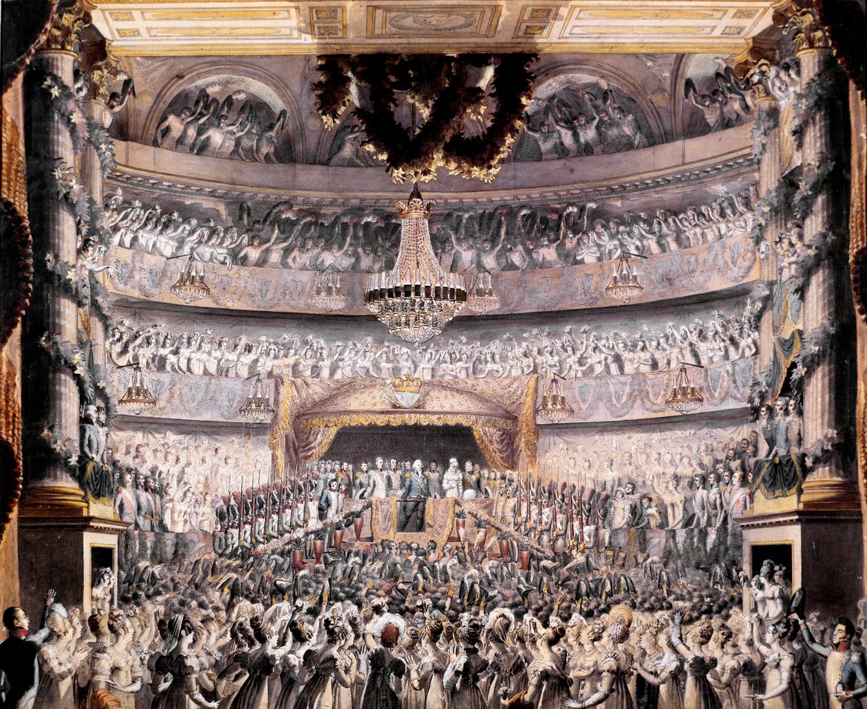 Ludvig XVIII (1755-1824) deltar i teatern i Odeon vid en fest anordnad av nationalgardet i Paris 1819 Teckning av Francois Buffet (1789-1843) Sön. 36x44 cm Versailles, musee du chateau av Francois Buffet
