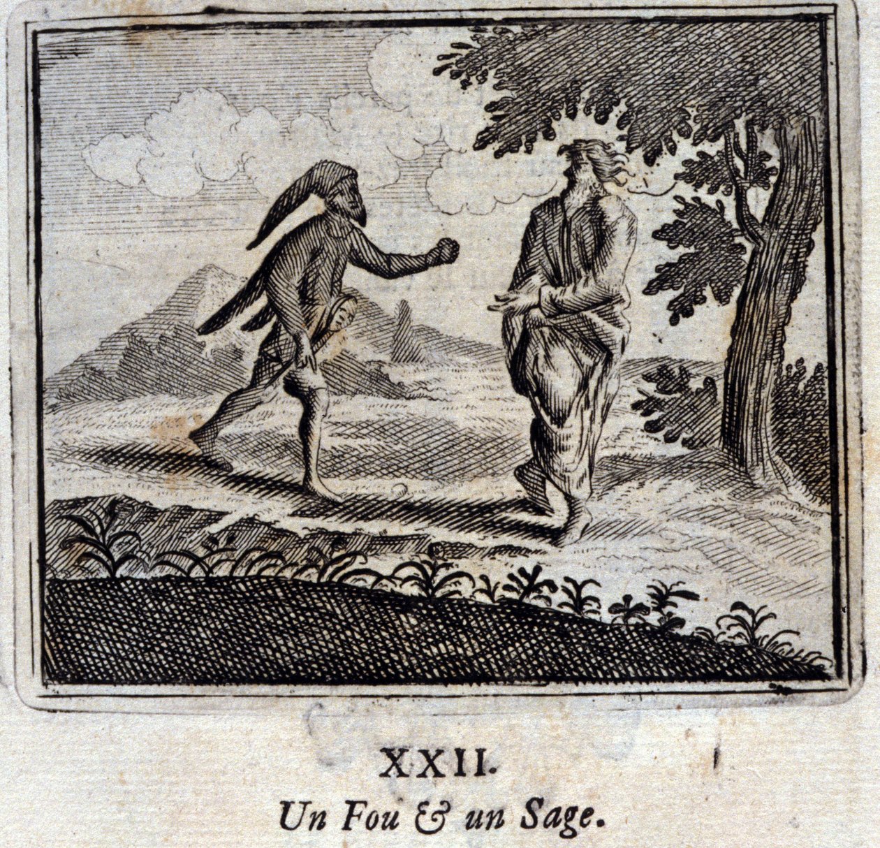 En galen och en klok. Fabler av Jean de La Fontaine (1621-95). Illustration av François Chauveau (1613-1676). Upplaga av 1728. av Francois Chauveau
