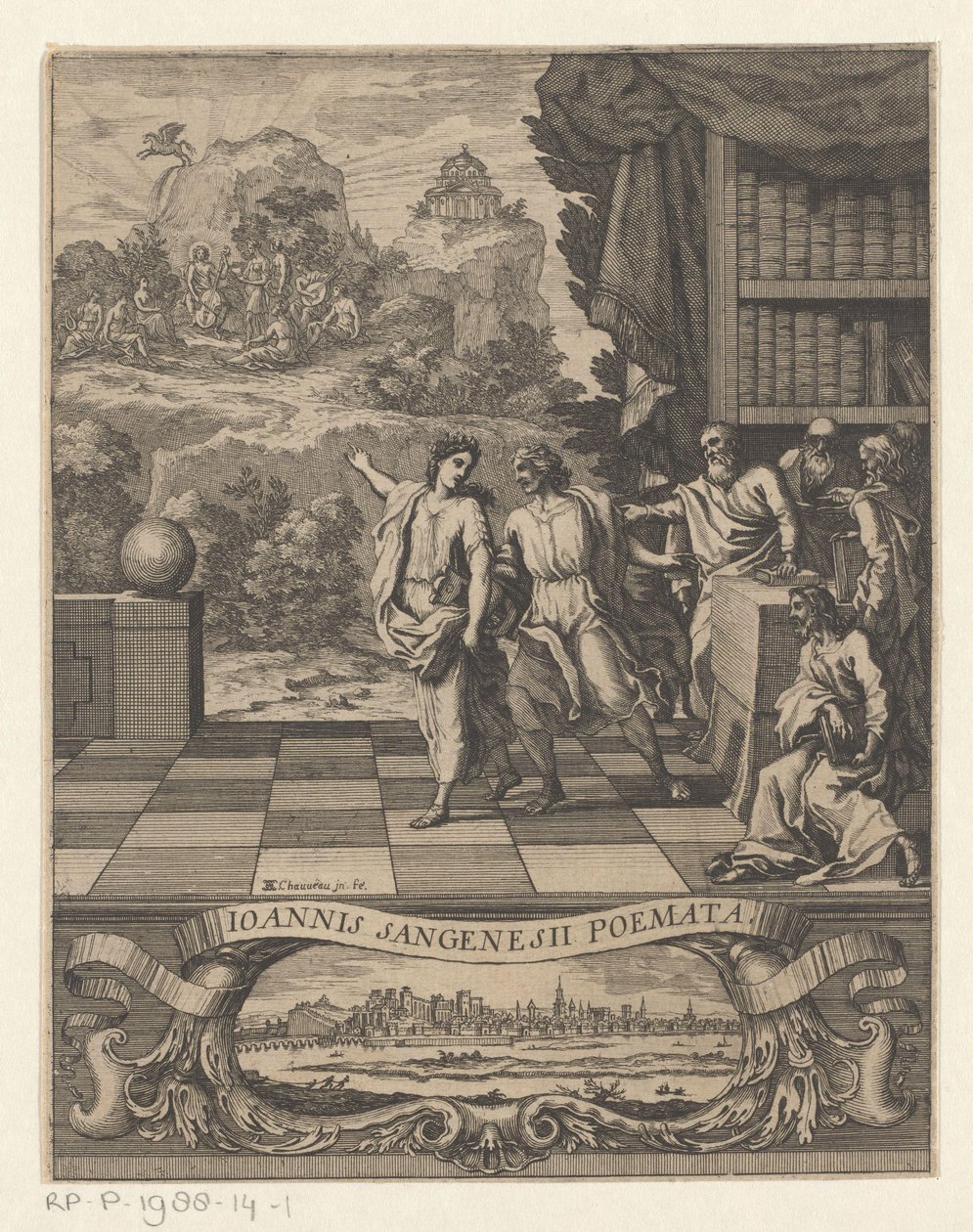 Allegorisk kvinnofigur pekar ung man till berget Parnassus Titelsida för: Jean de Saint-Genies, Ioannis Sangenesii Poëmata, 1654 av Francois Chauveau