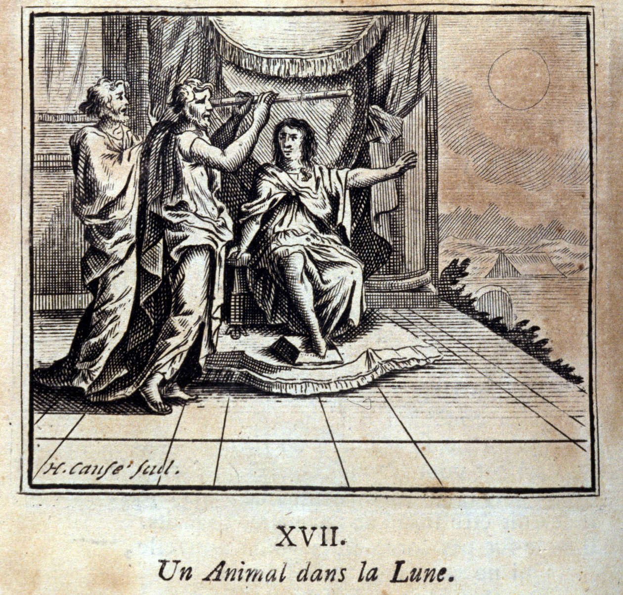 Ett djur i månen. Fabler av Jean de La Fontaine (1621-95). Illustration av Francois Chauveau (1613-1676). Upplaga av 1728. av Francois Chauveau