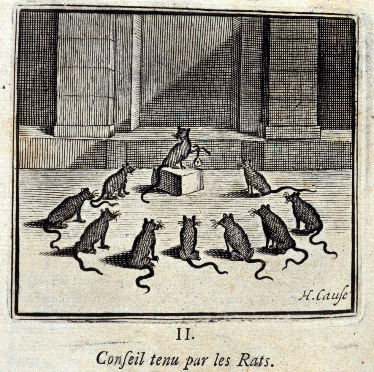 Styrelse som innehas av råttorna. Fabler av Jean de La Fontaine (1621-95). Illustration av Francois Chauveau (1613-1676). Upplaga av 1728. av Francois Chauveau