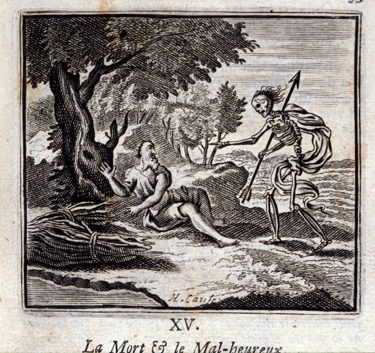 Döden och de olyckliga. Fabler av Jean de La Fontaine (1621-95). Illustration av Francois Chauveau (1613-1676). Upplaga av 1728. av Francois Chauveau