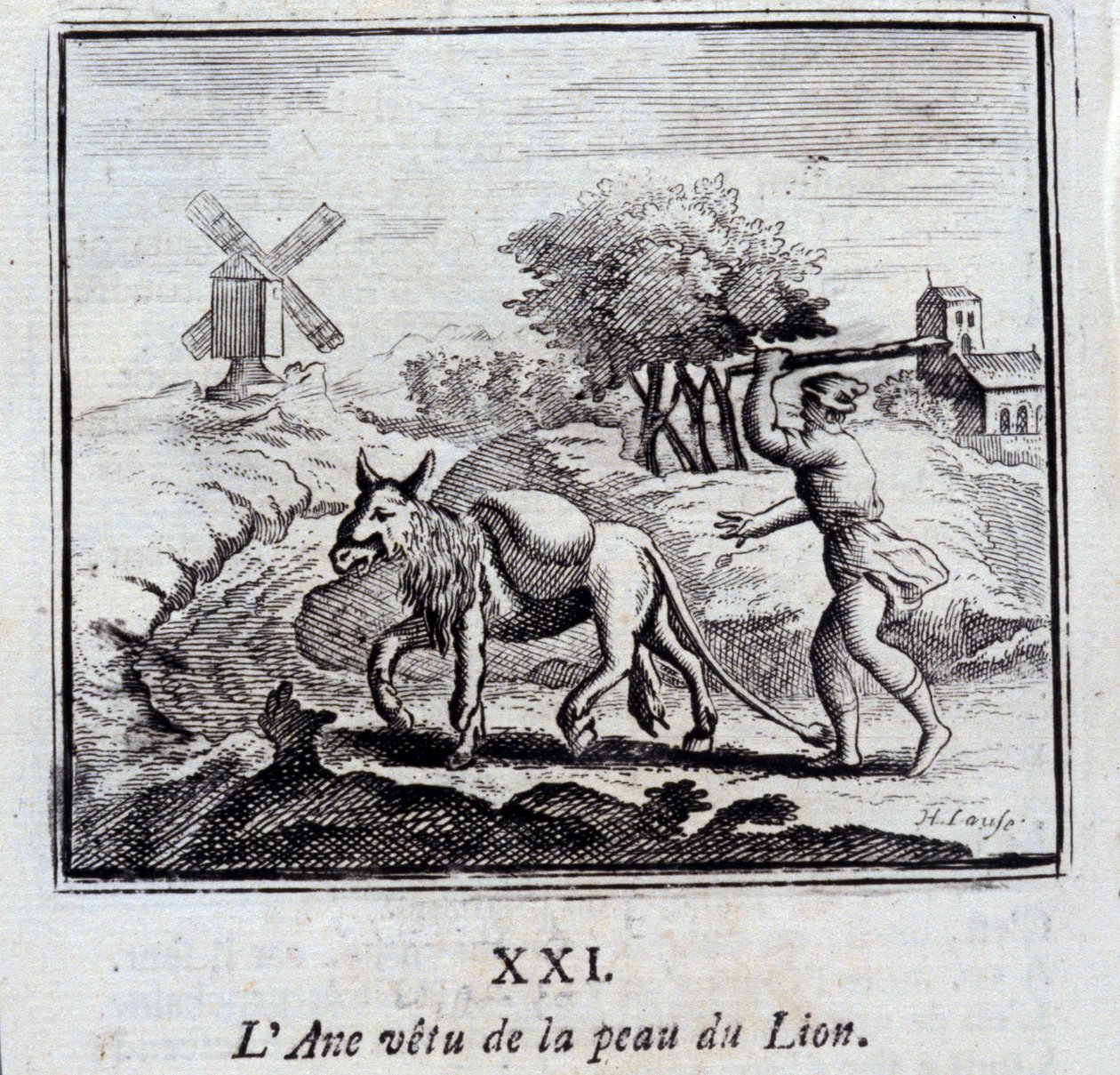 Åsnan som bär lejonets hud. Fabler av Jean de La Fontaine (1621-95). Illustration av François Chauveau (1613-1676). Upplaga av 1728. av Francois Chauveau