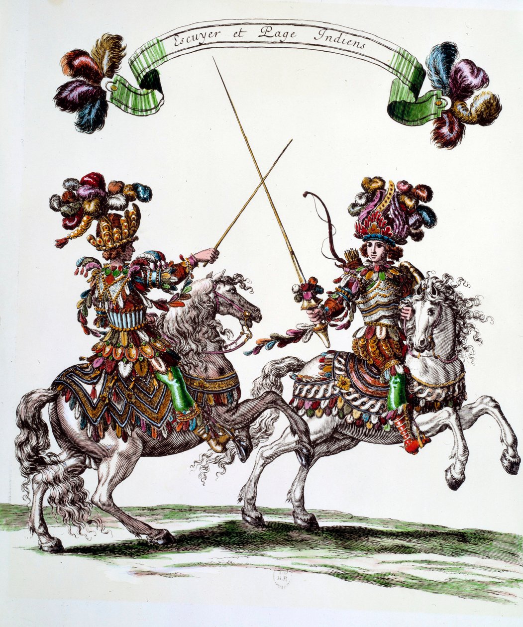 Indiska Ecuyer och en page under karusellen som kung Ludvig XIV (1638-1715) gav till Tuilerierna 1662 för att fira Dauphins födelse. Gravyr av Francois Chauveau (1613-1676) 1600-tal Privat samling. av Francois Chauveau