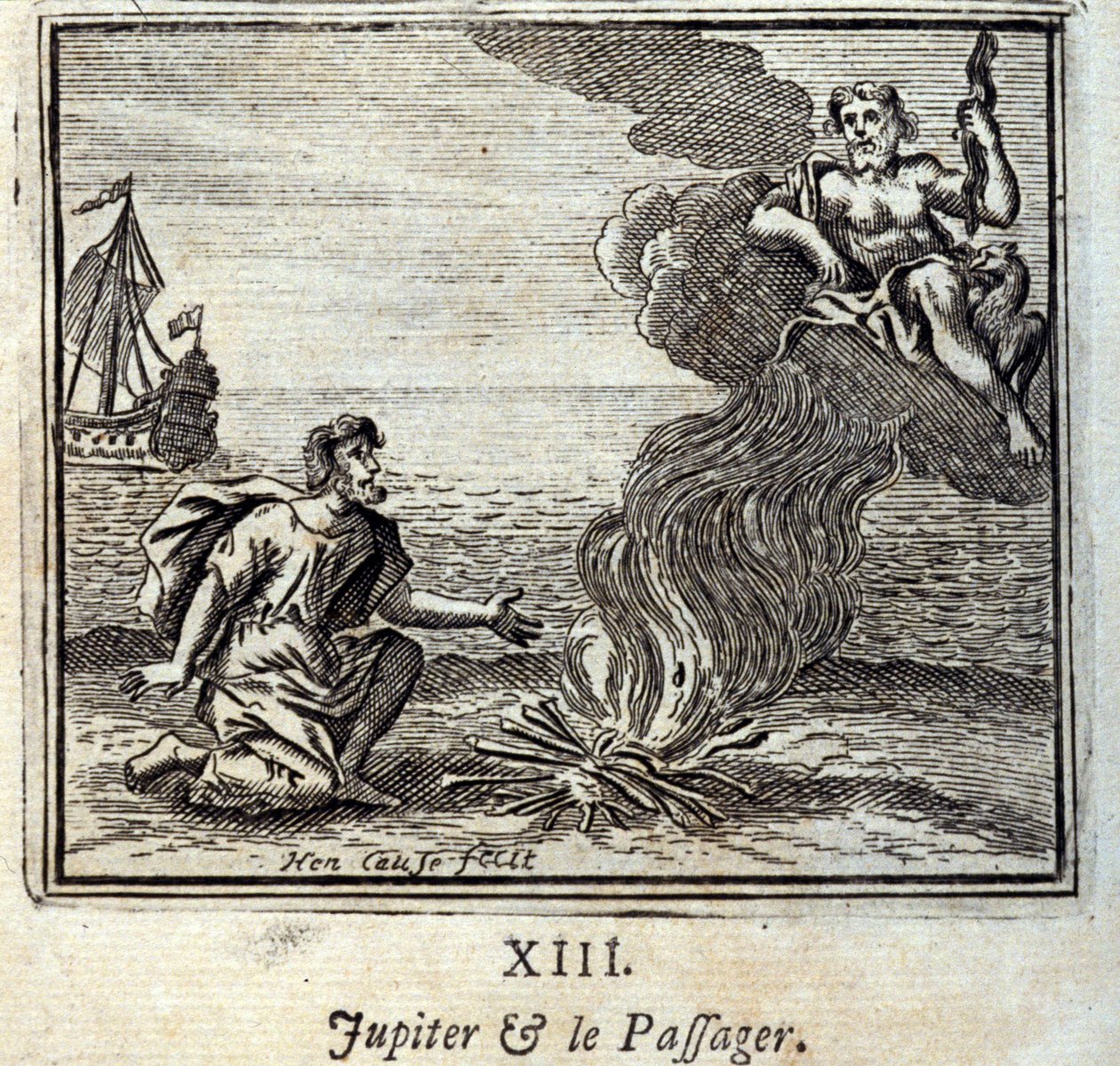 Jupiter och passageraren. Fabler av Jean de La Fontaine (1621-95). Illustration av Francois Chauveau (1613-1676). Upplaga av 1728. av Francois Chauveau