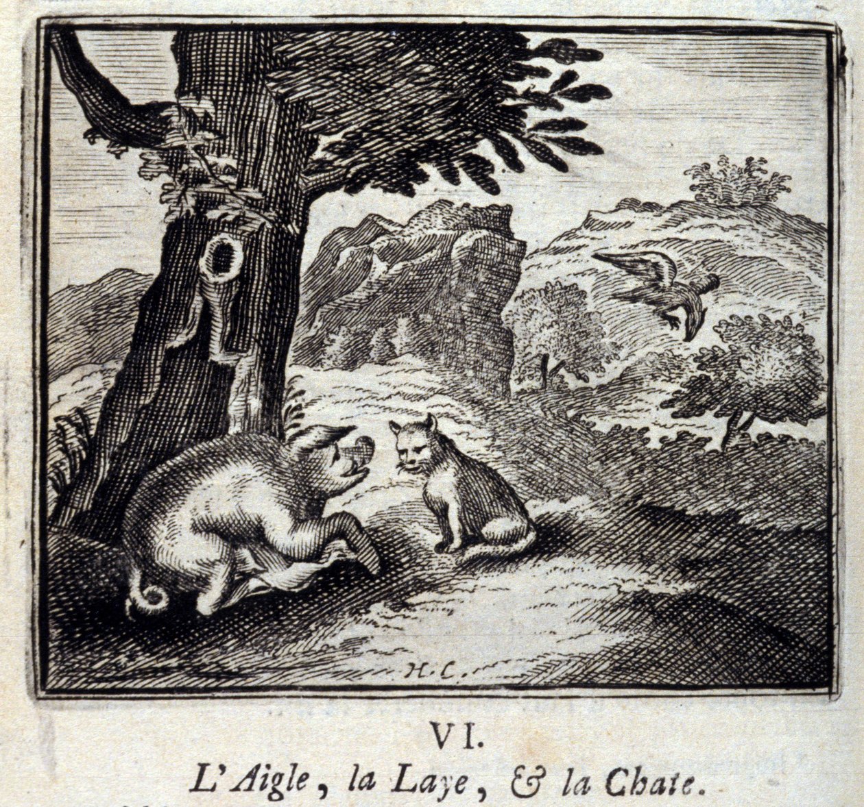 The Eagle the Laie and the Cat. Fables av Jean de La Fontaine (1621-95). Illustration av Francois Chauveau (1613-1676). Upplaga av 1728. av Francois Chauveau
