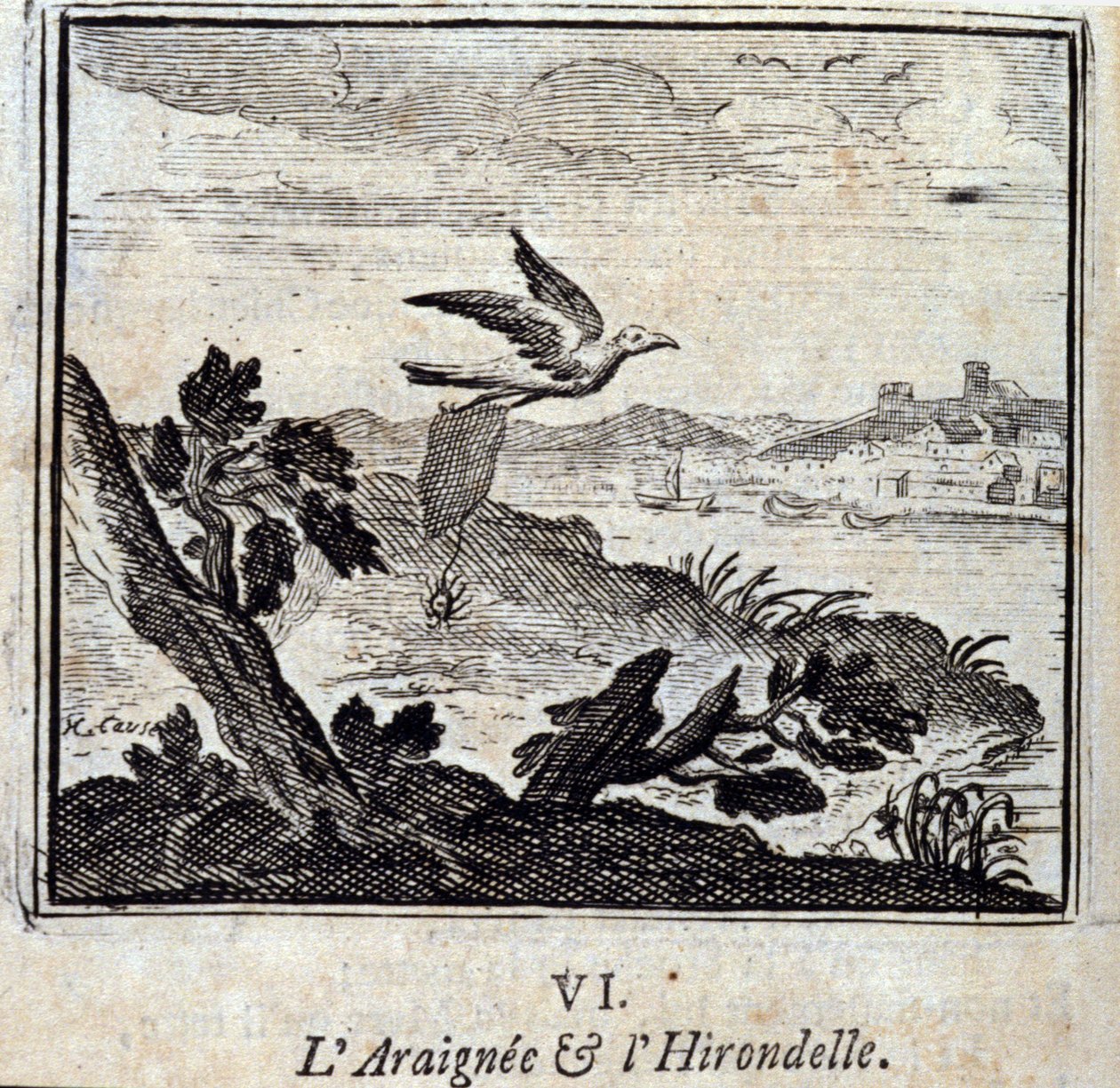 Spindeln och svalan, fabler av Jean de La Fontaine (1621-95). Illustration av François Chauveau (1613-1676). Upplaga av 1728. av Francois Chauveau