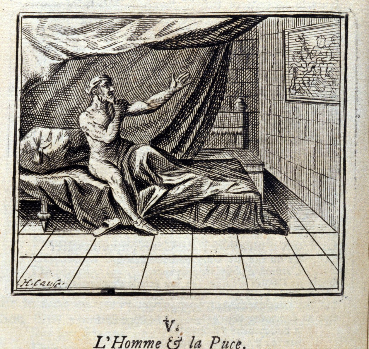 The Man and the Flea.Fables av Jean de La Fontaine (1621-95). Illustration av Francois Chauveau (1613-1676). Upplaga av 1728. av Francois Chauveau