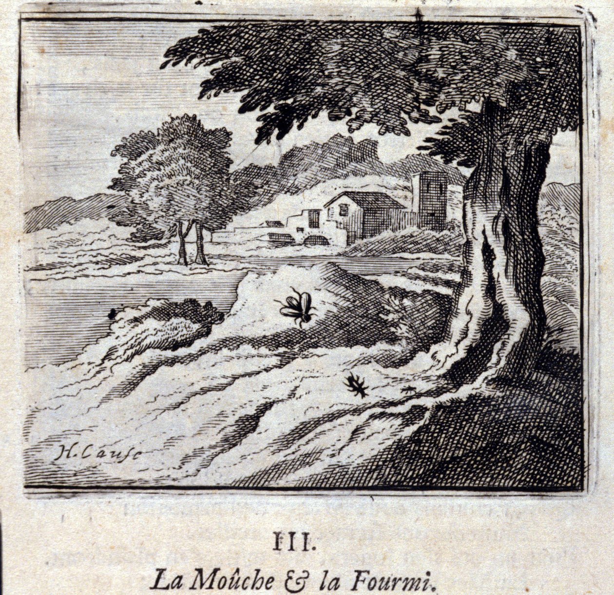 Flugan och myrans fabler av Jean de La Fontaine (1621-95). Illustration av Francois Chauveau (1613-1676). Upplaga av 1728. av Francois Chauveau